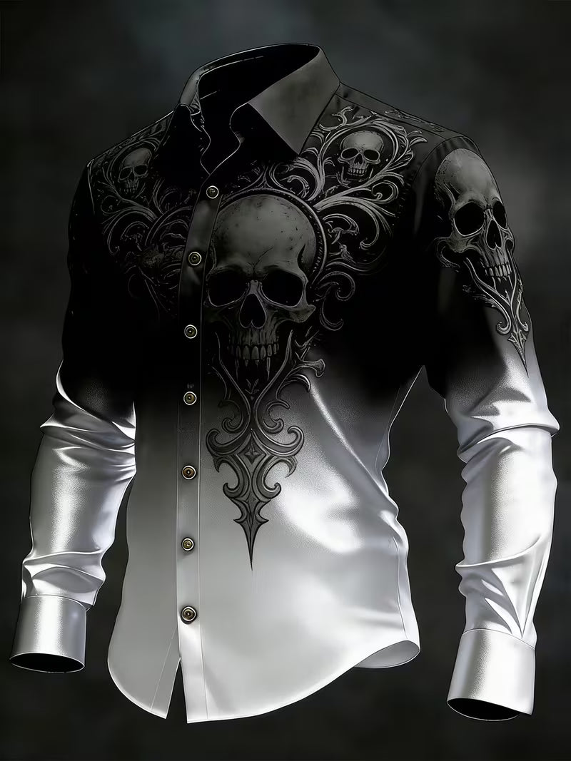 Gothic Skull Halloween Art Print Vintage Casual Long Sleeve Shirt